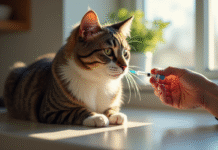 Chat domestique recevant une injection d insuline dans la cuisine