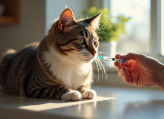 Chat domestique recevant une injection d insuline dans la cuisine