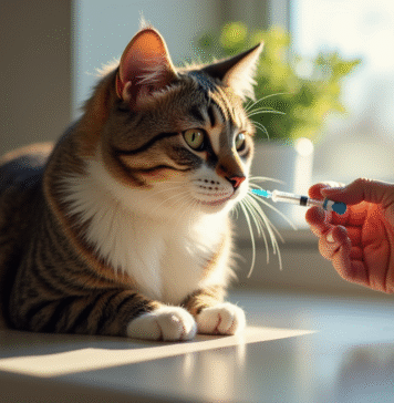 Chat domestique recevant une injection d insuline dans la cuisine
