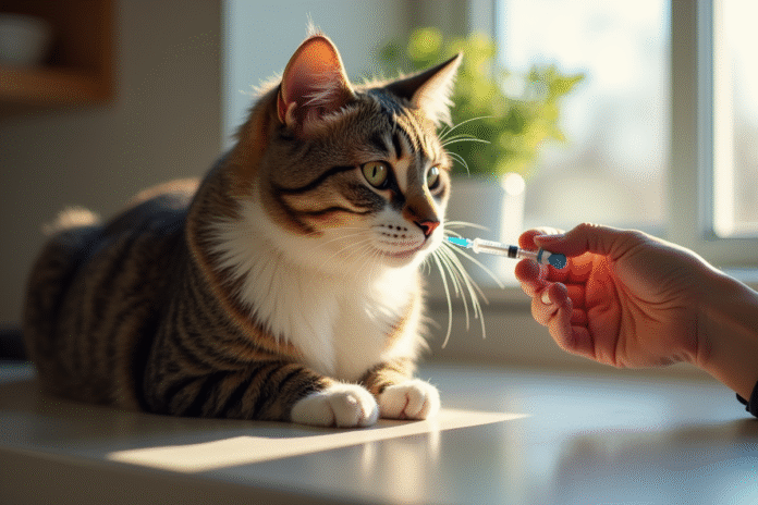 chat-domestique-injection-insuline Chat domestique recevant une injection d insuline dans la cuisine