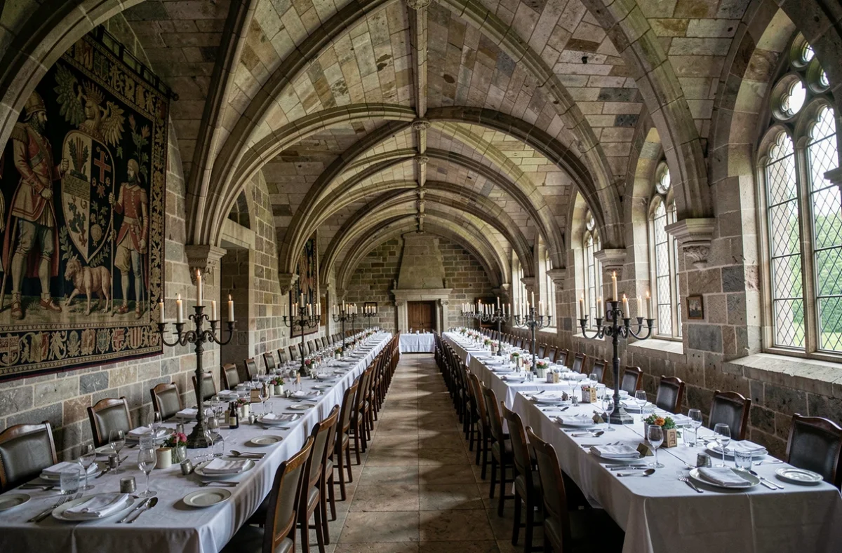 Grande salle voûtée du Château de la Grange Maréchal de Saxe en Essonne aménagée pour un banquet de mariage