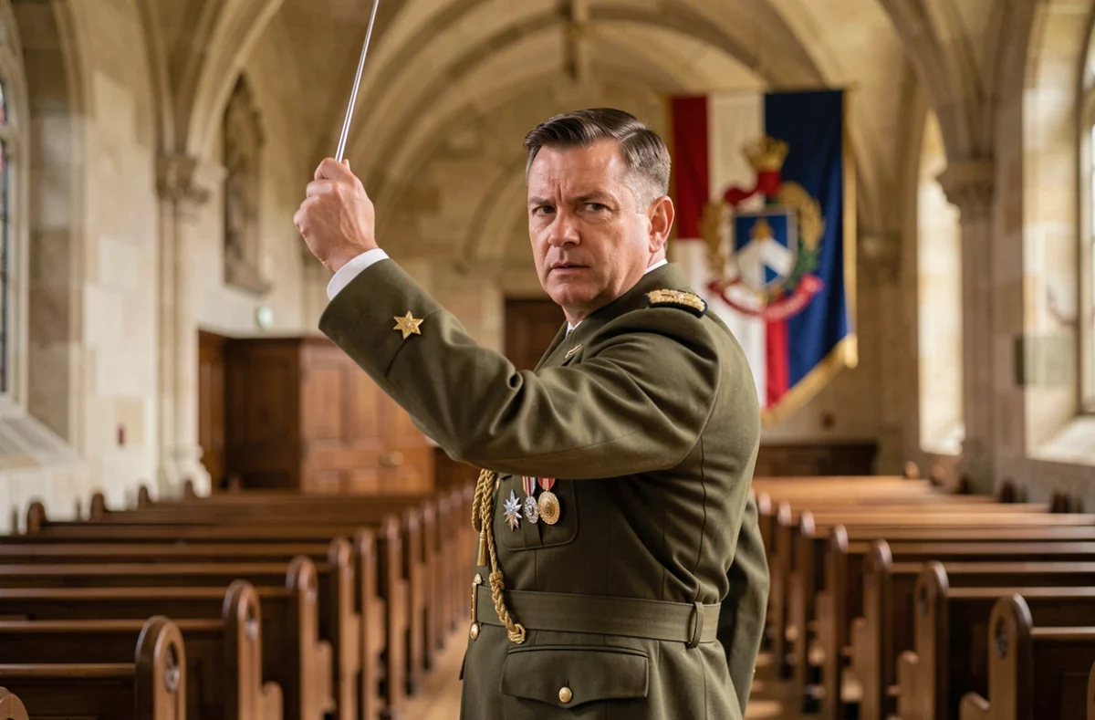 Chef de chœur militaire dirigeant un ensemble vocal dans une salle historique ornée d'un drapeau régimentaire