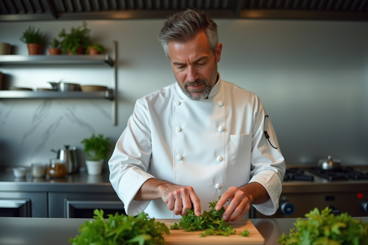 Chef en uniforme blanc coupant des herbes fraîches en cuisine