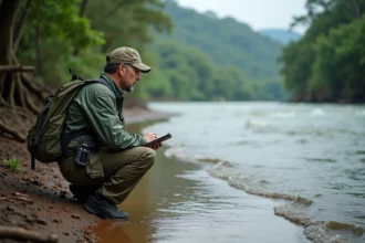 Scientifique au bord d'une rivière tropicale dense