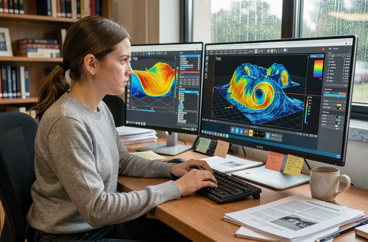 Chercheuse en sciences des données travaillant sur une simulation numérique du tsunami de Lituya Bay sur double écran