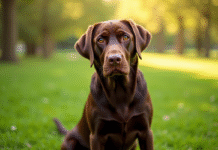 Labrador chocolat regardant la caméra dans un parc ensoleille
