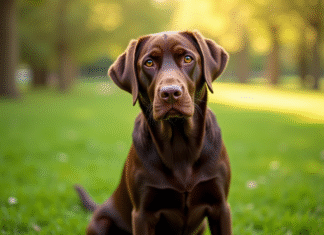 Labrador chocolat regardant la caméra dans un parc ensoleille