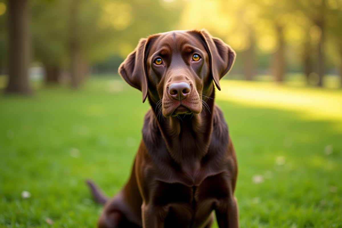 Labrador chocolat regardant la caméra dans un parc ensoleille