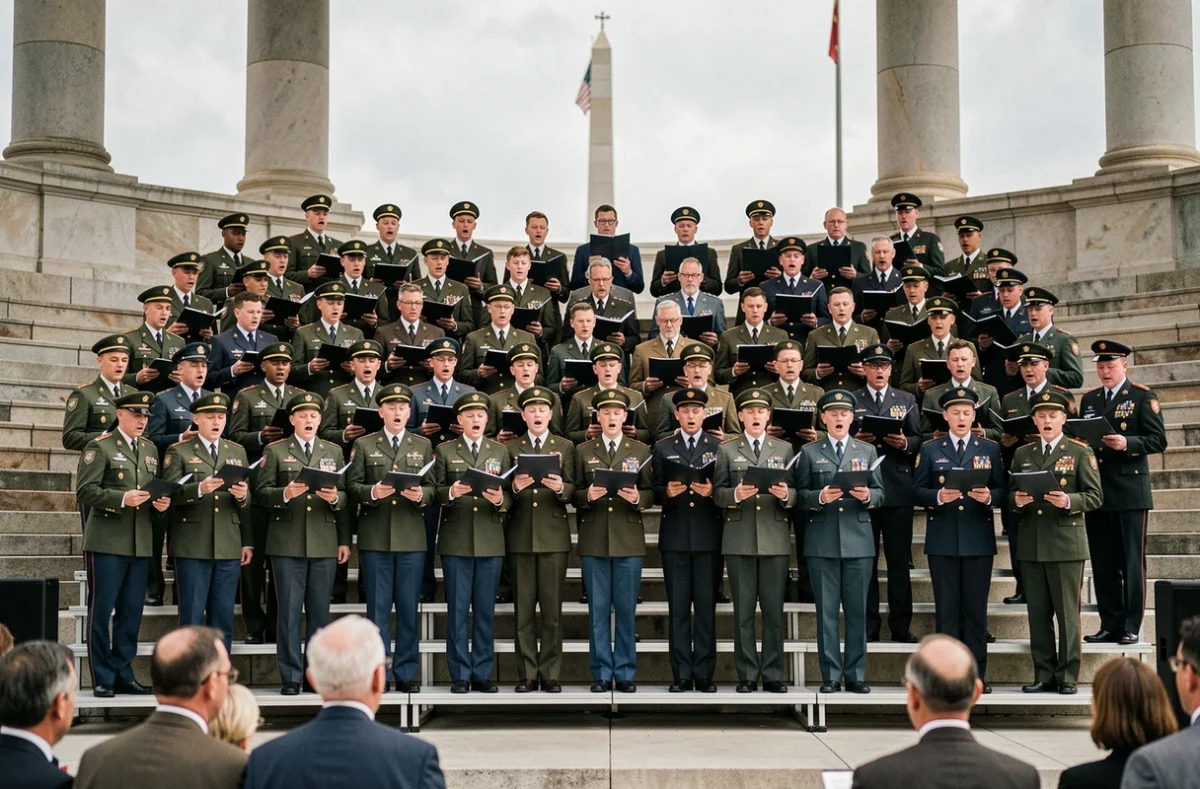 Chœur militaire complet en uniformes variés chantant sur scène lors d'une cérémonie publique en plein air