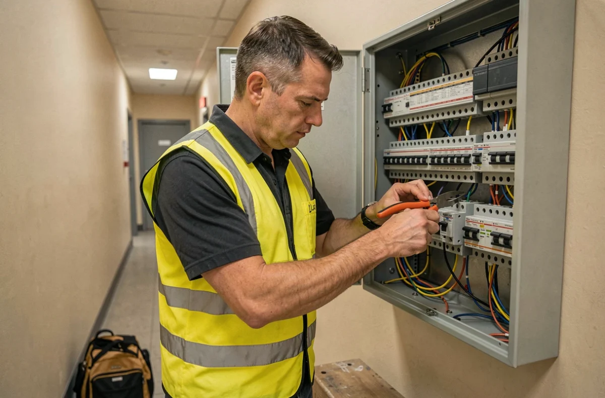 Électricien Christian Neveu câblant un tableau électrique dans un couloir de bâtiment commercial