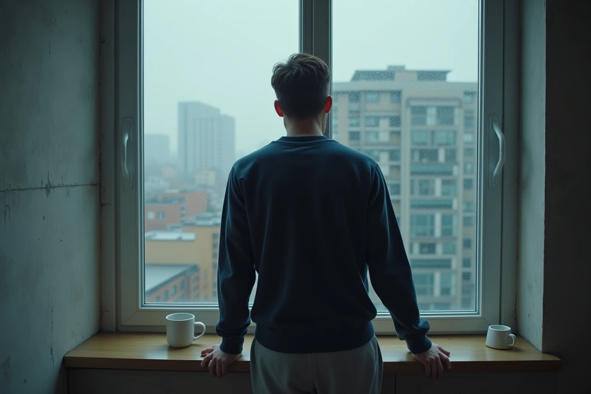 Homme solitaire appuyé contre une fenêtre pluvieuse dans un appartement minimaliste, illustrant des pensées sombres et des citations mélancoliques tendances en 2026