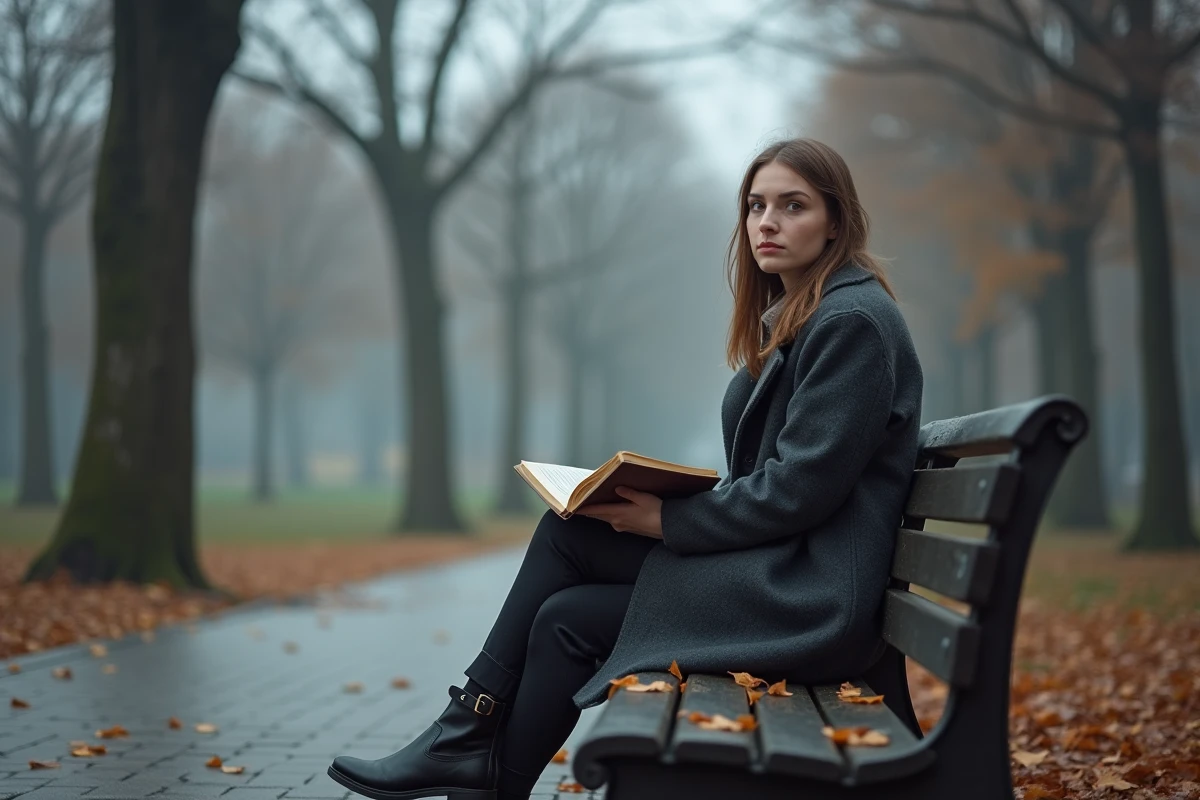 Jeune femme pensive assise seule sur un banc en bois dans un parc automnal, symbolisant la mélancolie et les citations tristes de 2026