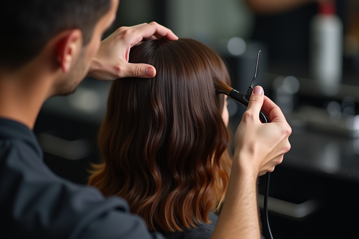 Coiffeur terminant un dégradé bas sur une cliente brune