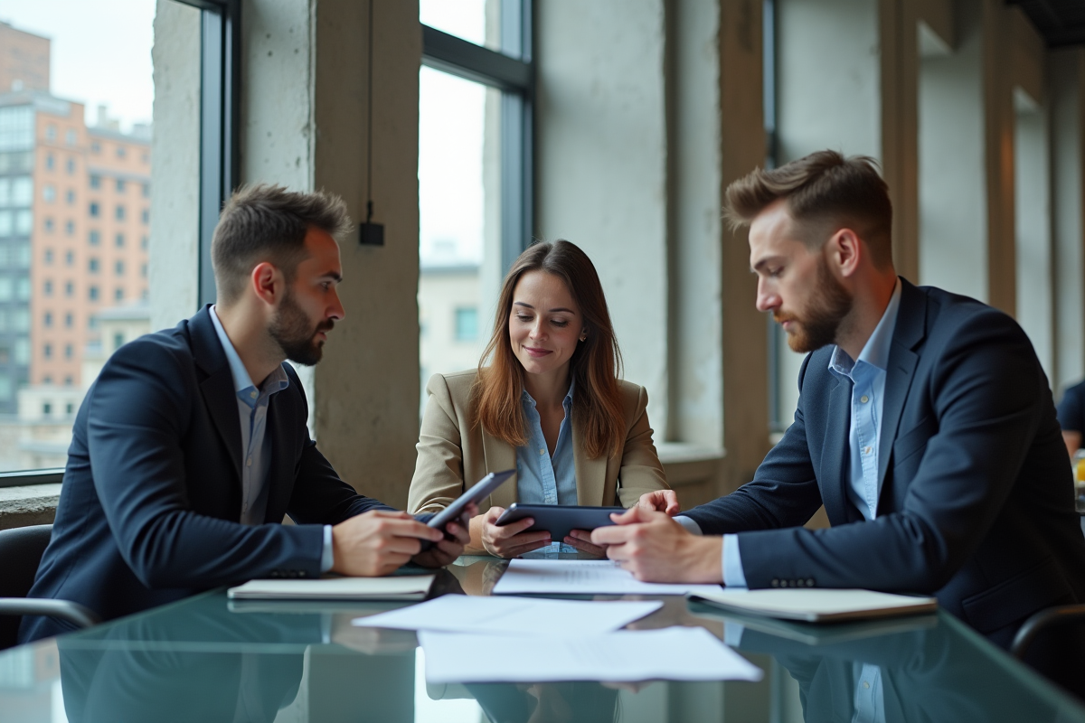 Groupe de trois personnes collaborant en coworking