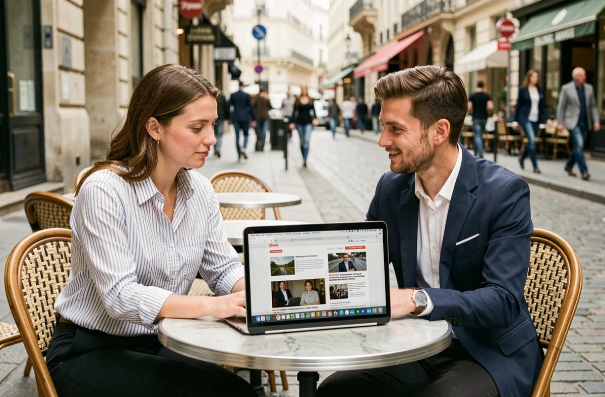 Deux collègues comparant un site d'infos et un blog spécialisé sur un ordinateur portable en terrasse de café