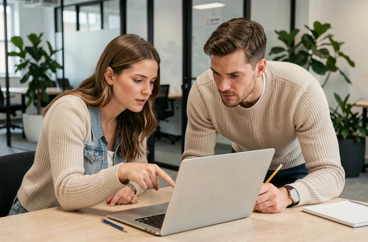 Deux collègues discutant ensemble des formules de politesse à utiliser dans un email professionnel devant un ordinateur portable dans un espace de coworking contemporain