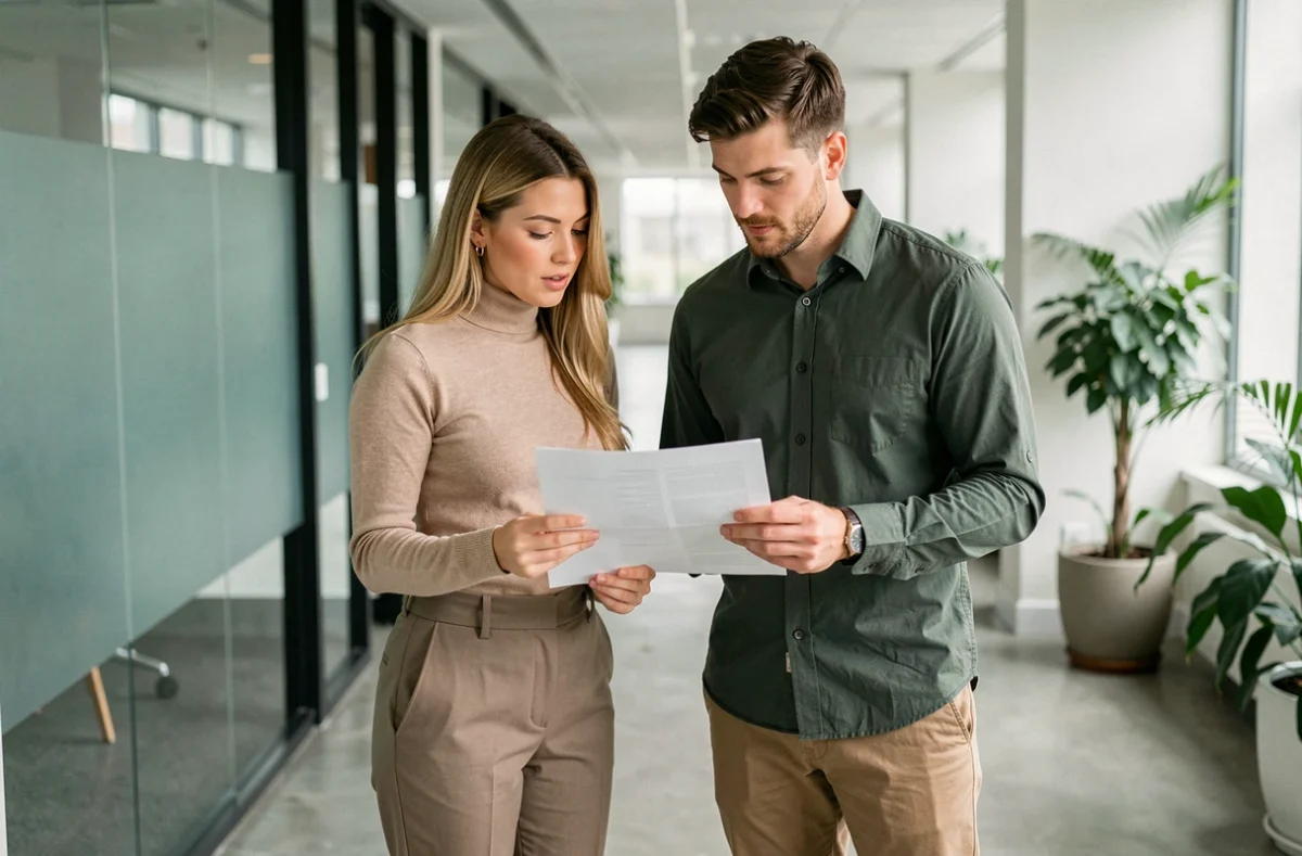 Deux jeunes professionnels en couloir d'entreprise examinant ensemble un document de candidature pour valoriser leur parcours de stage