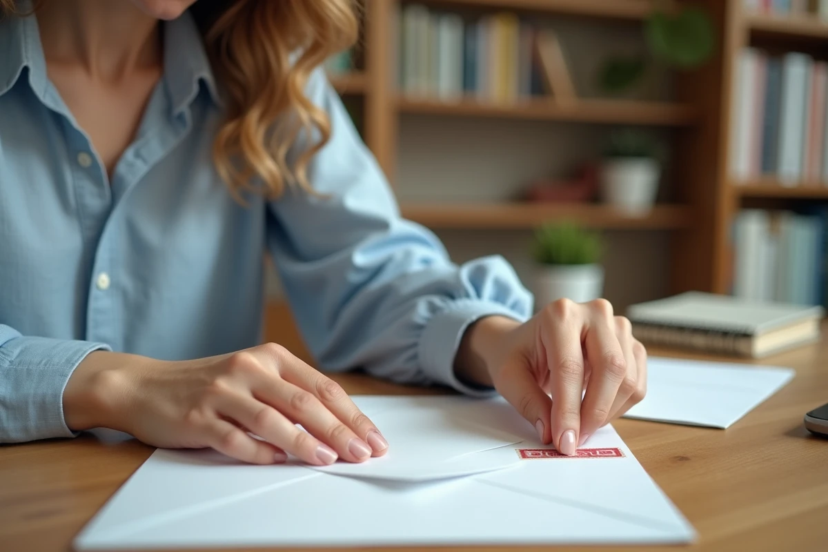 Femme collant un timbre dans le coin supérieur droit d'une enveloppe blanche sur un bureau en bois
