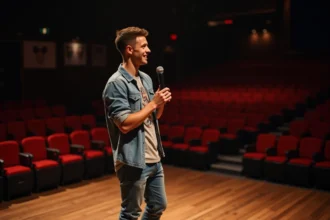 Jeune comédien sur scène en répétition dans un théâtre vide