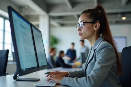Femme comparant deux interfaces de scan de documents sur un moniteur en bureau moderne, illustrant les différences entre Epsilone Scan soft et site classique