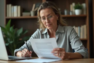 Femme comparant une lettre imprimée avec un modèle de lettre en ligne sur son ordinateur portable dans un bureau à domicile