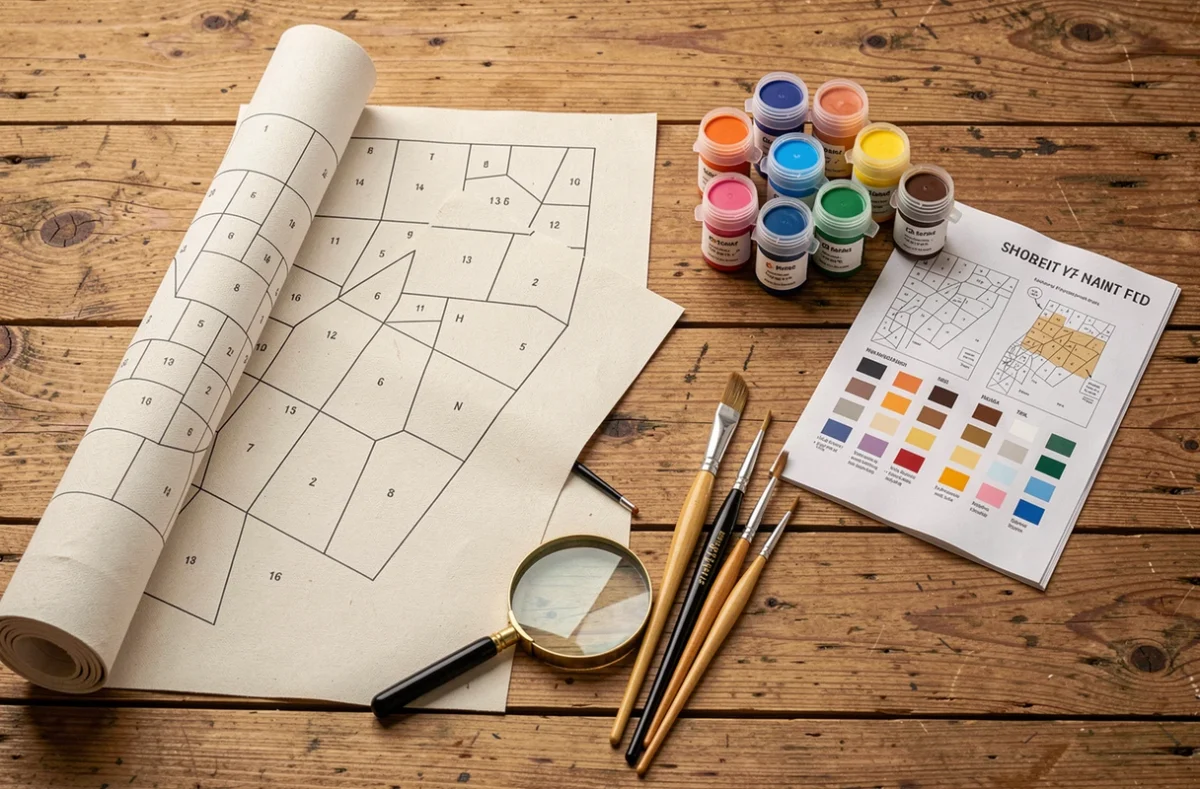 Vue aérienne des composants d'un kit peinture au numéro premium étalés sur une table en chêne