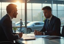Intérieur moderne d'un concessionnaire avec conseiller et client