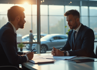 Autossimo : Tarifs, services et fonctionnalités à connaître Intérieur moderne d'un concessionnaire avec conseiller et client