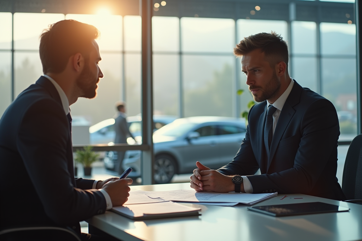 Intérieur moderne d'un concessionnaire avec conseiller et client