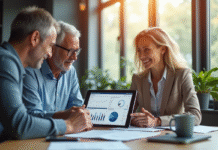 Conseiller financier avec un couple dans un bureau lumineux