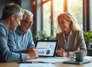 Meilleur moment pour revendre une SCPI : approche optimale pour tirer profit Conseiller financier avec un couple dans un bureau lumineux