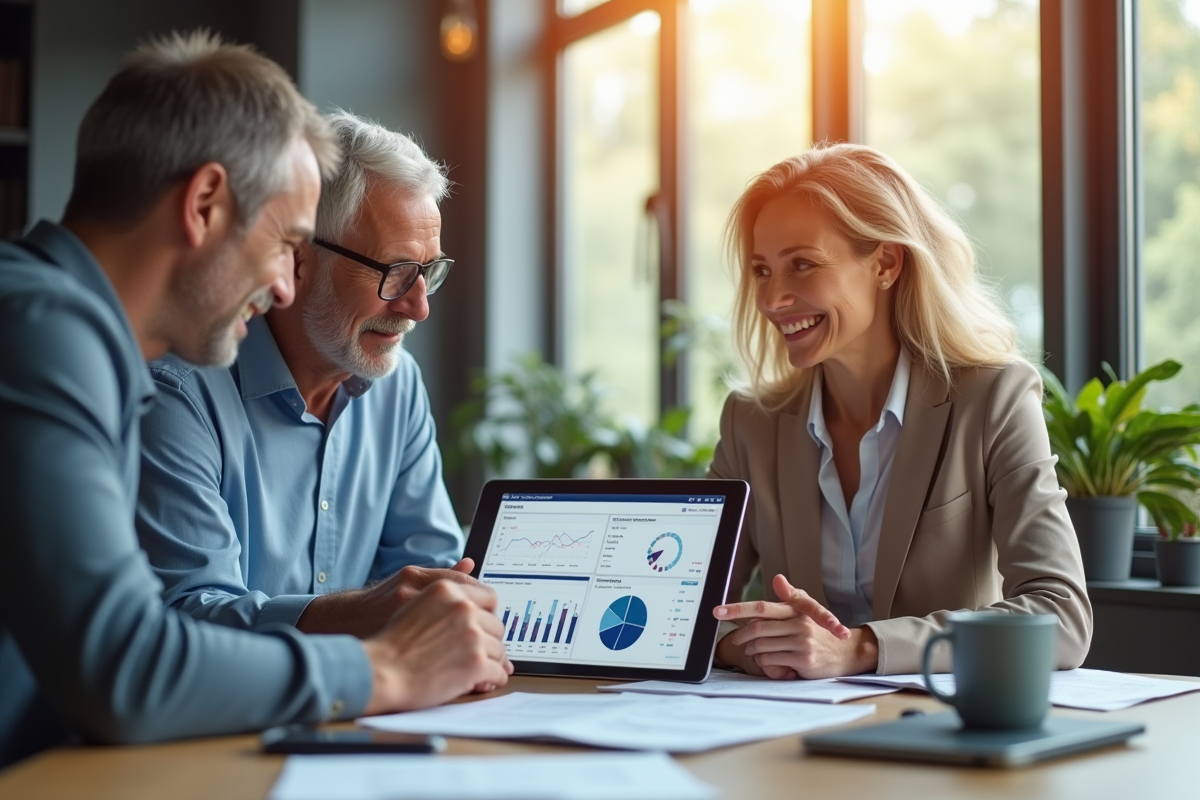 Conseiller financier avec un couple dans un bureau lumineux