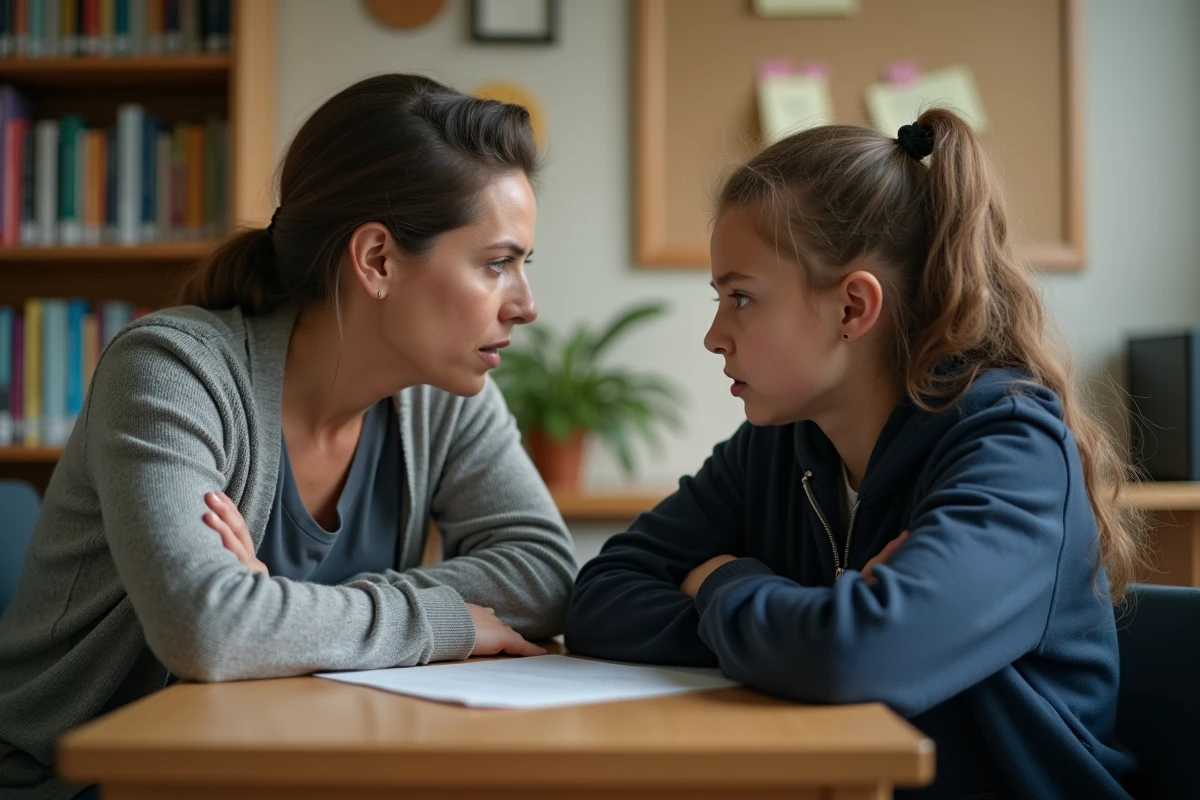 Conseillère scolaire tentant d'engager la conversation avec une adolescente en retrait, dans un bureau de lycée, illustrant l'accompagnement des jeunes en souffrance