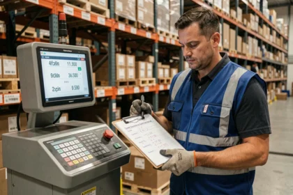 Ouvrier d'entrepôt consultant une fiche de conversion tonnes en kilogrammes devant une balance industrielle