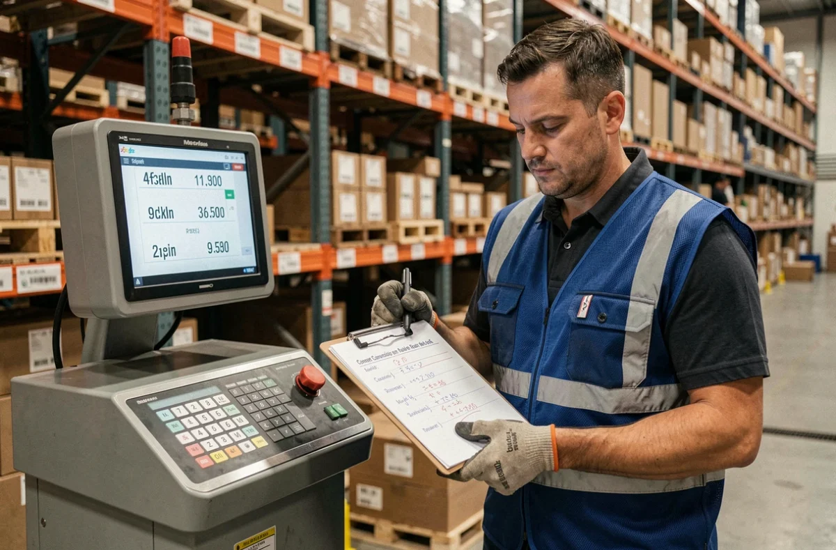 Ouvrier d'entrepôt consultant une fiche de conversion tonnes en kilogrammes devant une balance industrielle