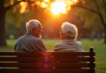 Couple âgé souriant sur un banc au parc au coucher du soleil