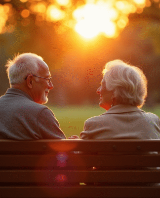 Couple âgé souriant sur un banc au parc au coucher du soleil
