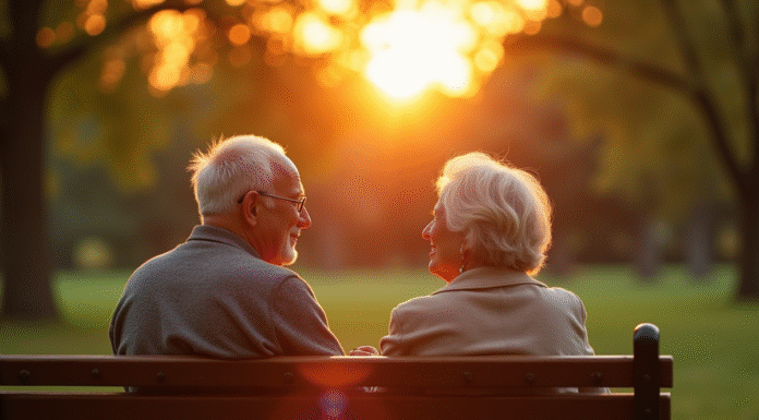 Couple âgé souriant sur un banc au parc au coucher du soleil