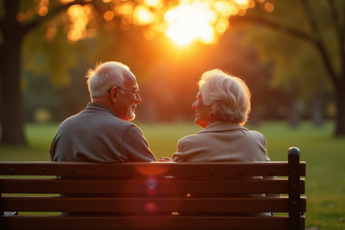 Couple âgé souriant sur un banc au parc au coucher du soleil