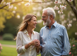 Couple souriant dans un jardin en fleurs au printemps