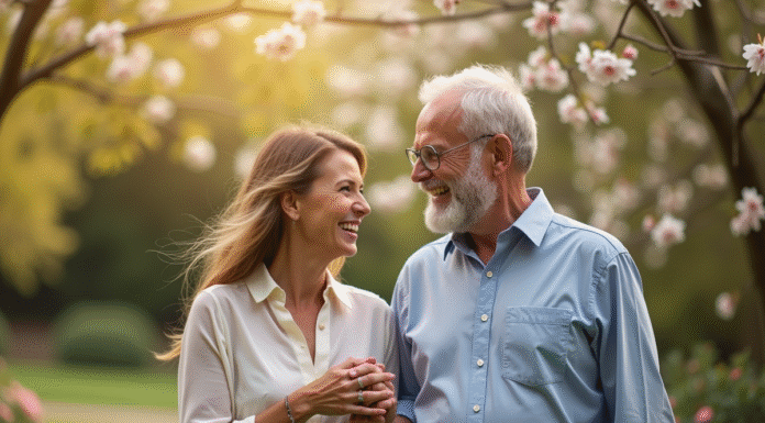 Couple souriant dans un jardin en fleurs au printemps