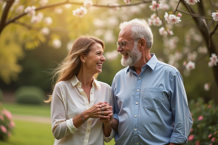 couple-bonheur-jardin-printemps Couple souriant dans un jardin en fleurs au printemps