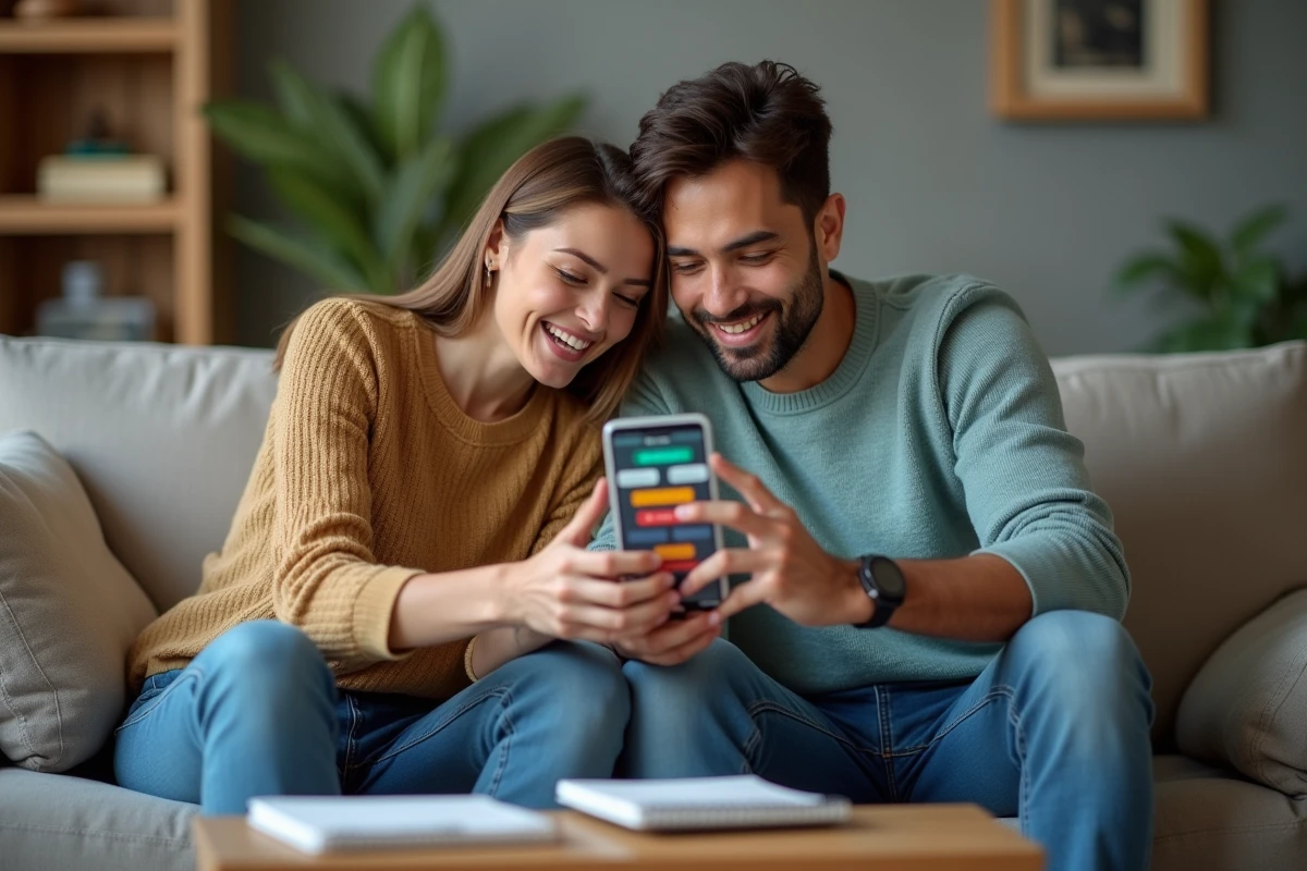 Couple cherchant ensemble le mot de passe Codycross du jour sur un smartphone dans un salon