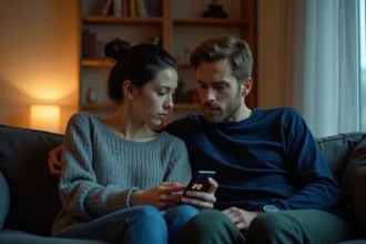 Couple en crise assis séparément sur un canapé, femme regardant son téléphone affichant 21h12, atmosphère tendue dans un appartement le soir