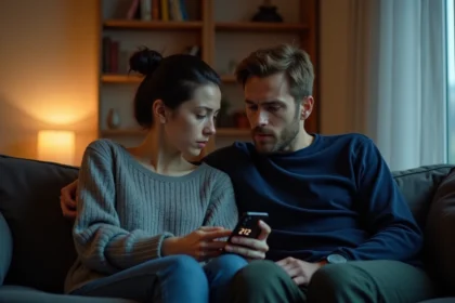 Couple en crise assis séparément sur un canapé, femme regardant son téléphone affichant 21h12, atmosphère tendue dans un appartement le soir