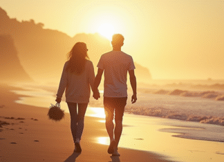 Couple main dans la main sur une plage normande au coucher du soleil