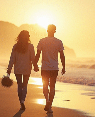 Couple main dans la main sur une plage normande au coucher du soleil