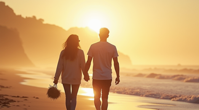 Couple main dans la main sur une plage normande au coucher du soleil