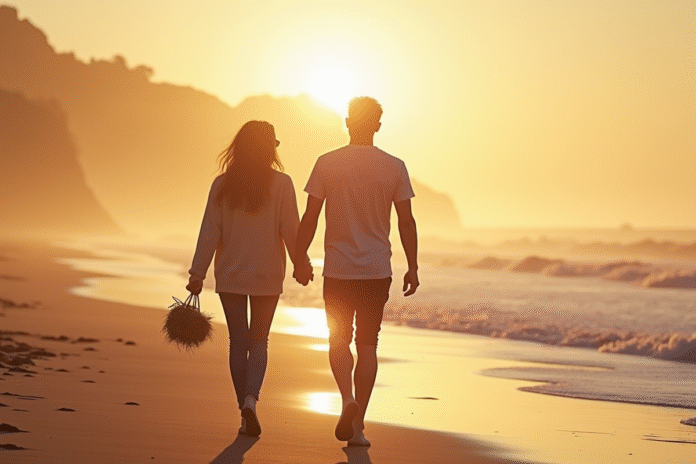 Couple main dans la main sur une plage normande au coucher du soleil