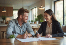 Jeune couple souriant discutant de prêt immobilier dans un intérieur lumineux